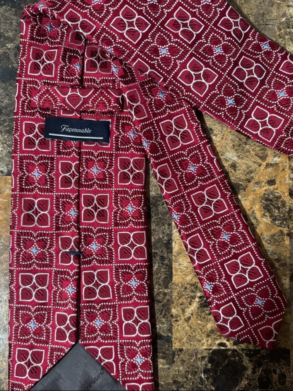 Faconnable Red Geometric Silk Tie with Light Blue Accents